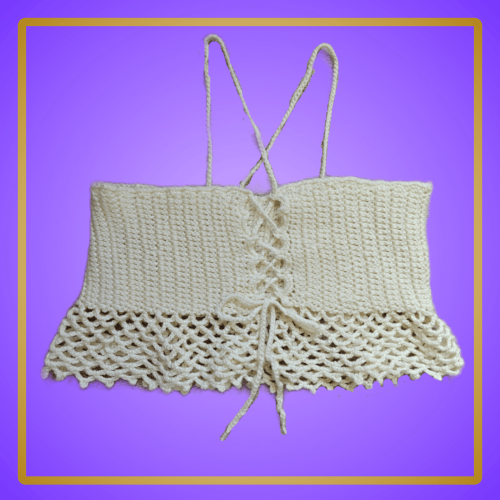 off-white crop top with mesh detail and front corset tie