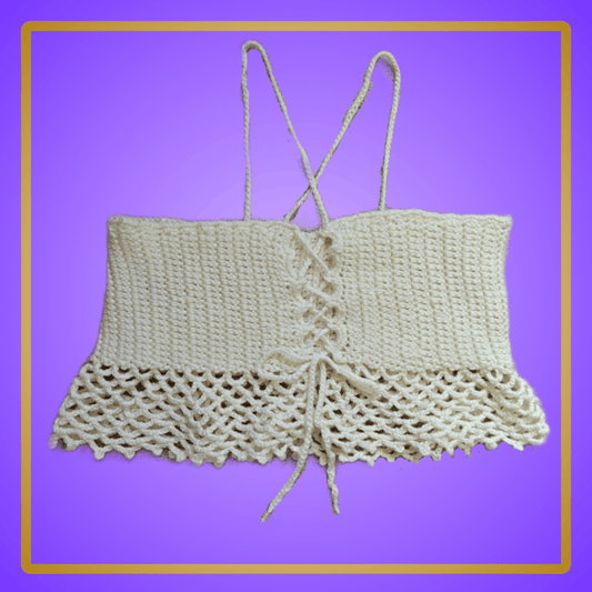 off-white crop top with mesh detail and front corset tie